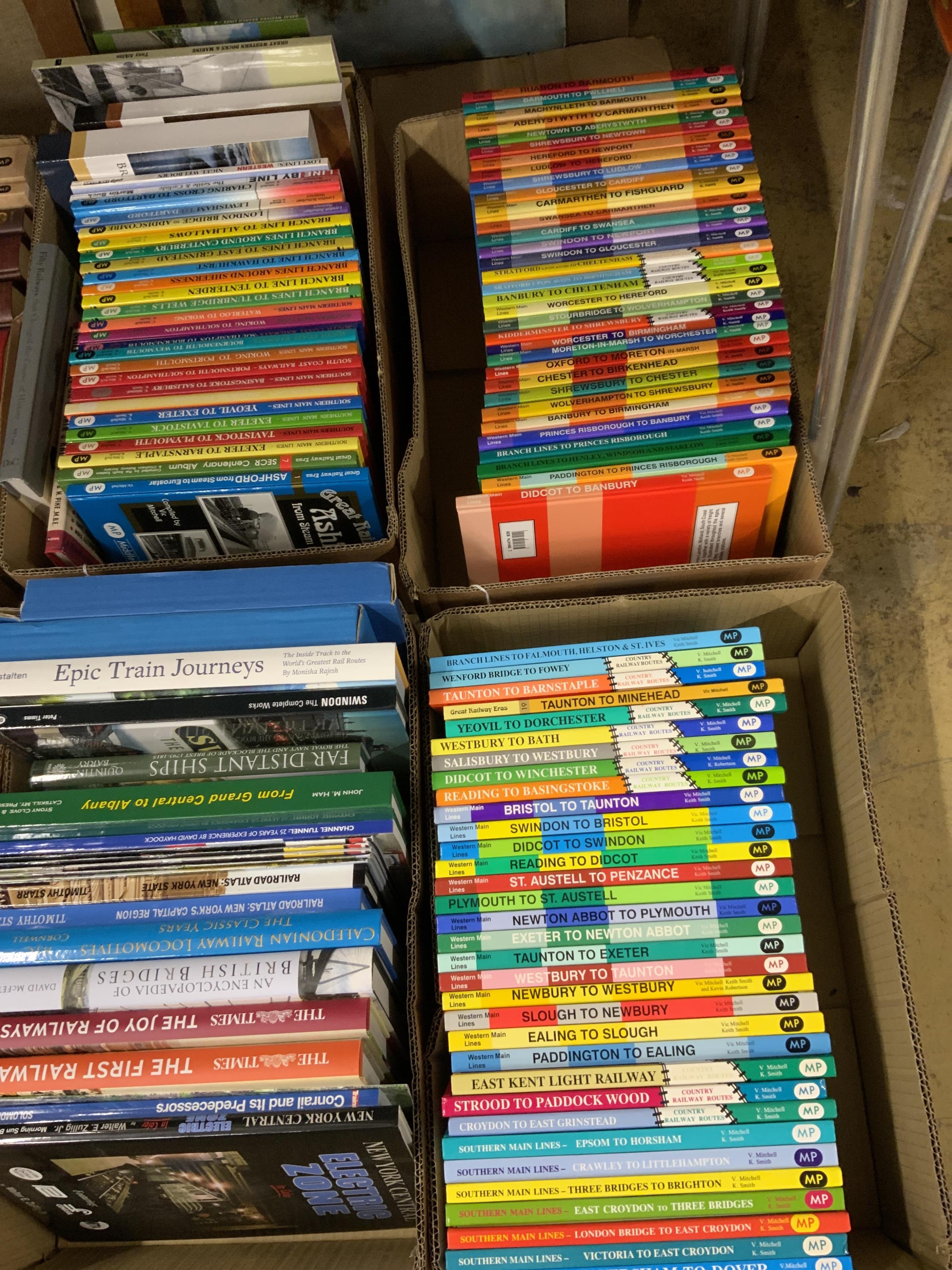 Eight boxes of railway related books, subjects include; locomotives of Australia, British railway journeys, preserved and miniature railways, Southern Railway, branch line railways, Great Western Railway locomotives, etc